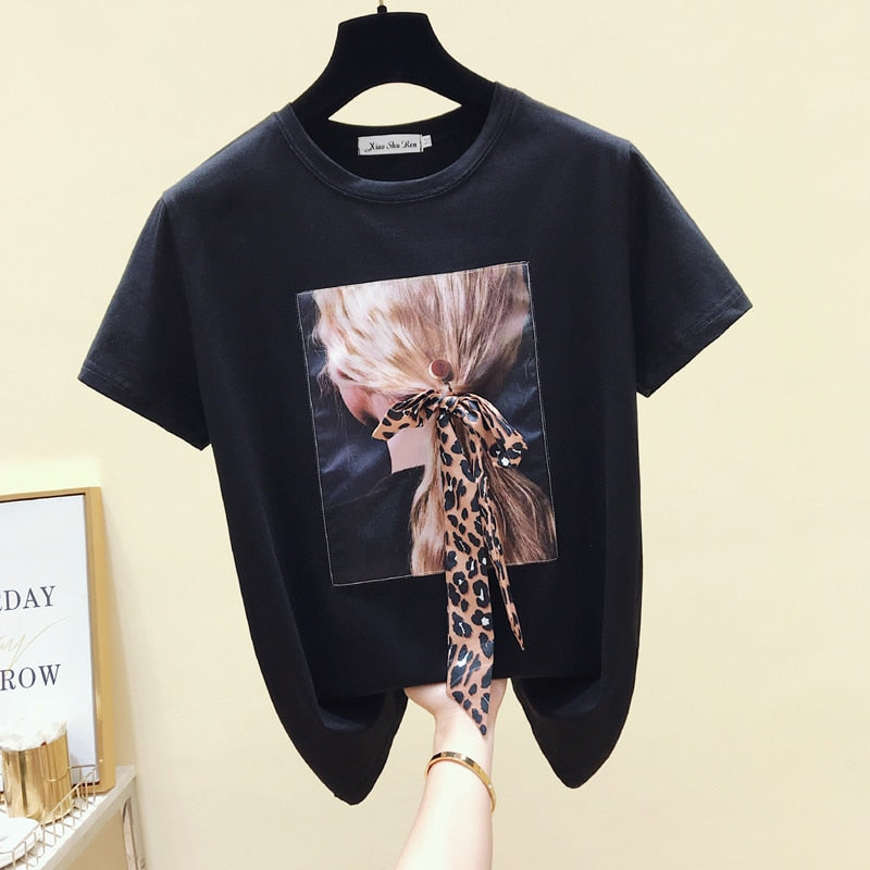 gkfnmt Korea White T shirt Women Clothes O-Neck Summer Short Sleeve Appliques Vintage TShirt Tops Casual Black Tee Shirt Femme