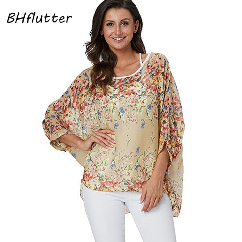 Plus Size Blouse Women Chic Floral Print Chiffon Blouses