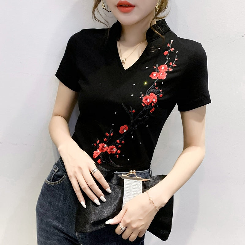 New Summer Fashion Folk Clothes Sexy Patchwork Embroidery Diamonds T-shirt Women Tops Ethnic Ropa Mujer Shirt Tees T02005