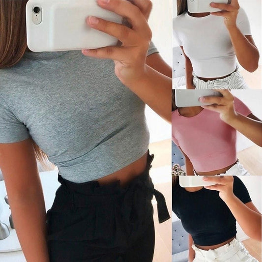 2020 Summer Women Fashion Crop Top Shirt Solid Color O-Neck Short Sleeve T-shirt Casual Tees Basic Solid Color