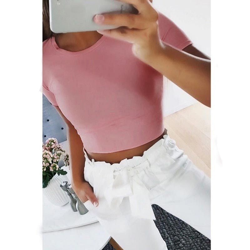 Summer Women Fashion Crop Top Shirt Solid Color O-Neck