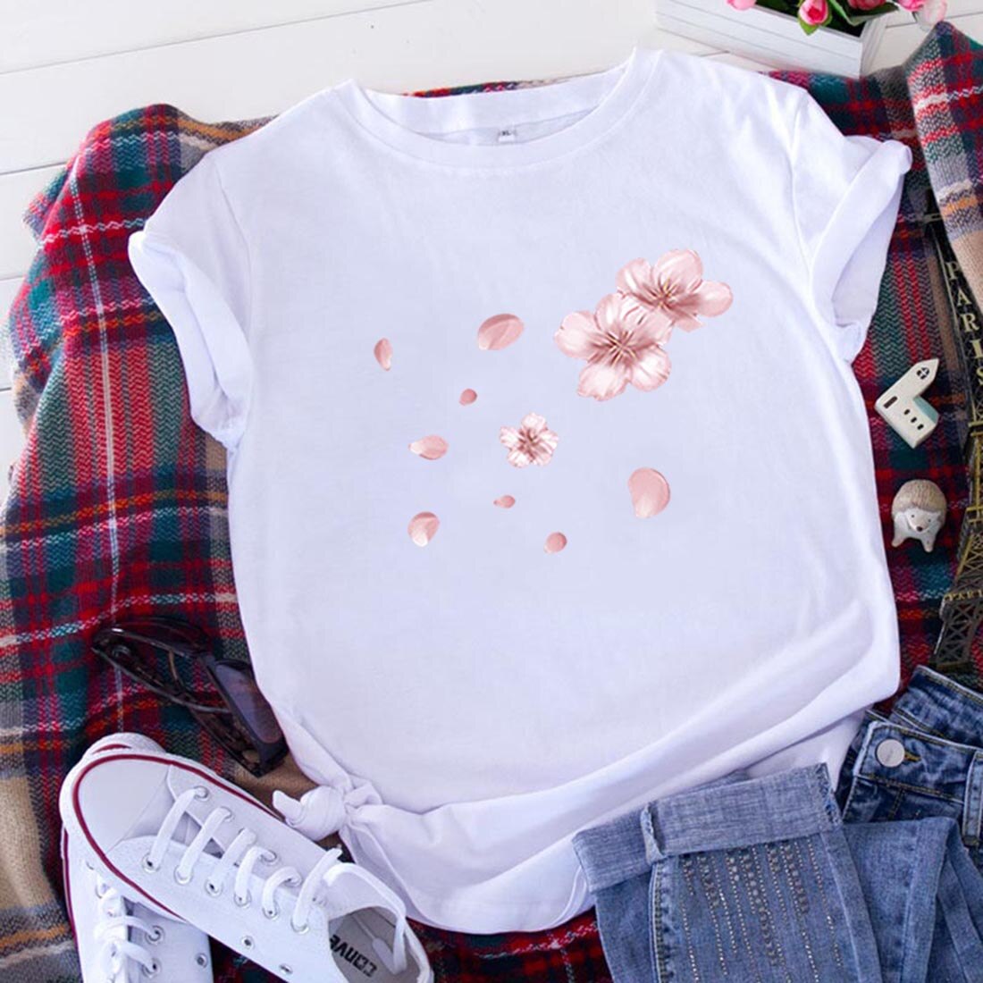 Fashion Cherry Blossom T Shirt Women Short Sleeve Tshirts Cotton Women O-neck Loose Tee Shirt Femme Black Camisetas Mujer