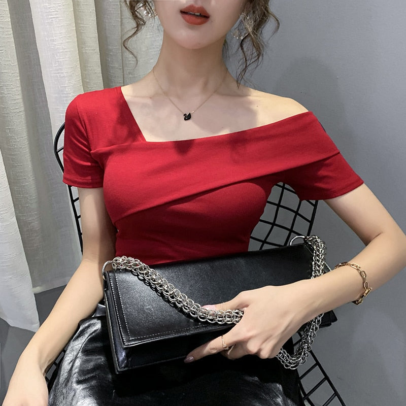 European Clothes Fashion Asymmetrical Hollow Out T-shirt Women 2020 New Summer Back Tops Ropa Mujer Bottoming Shirt Tees T02210