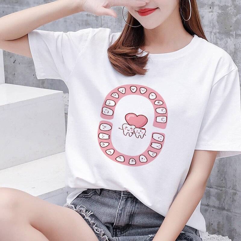 Aesthetic funny tooth dentist women's T-shirt 90s Harajuku Kawaii O-neck T-shirt pattern fashion printing Plus size women shirts