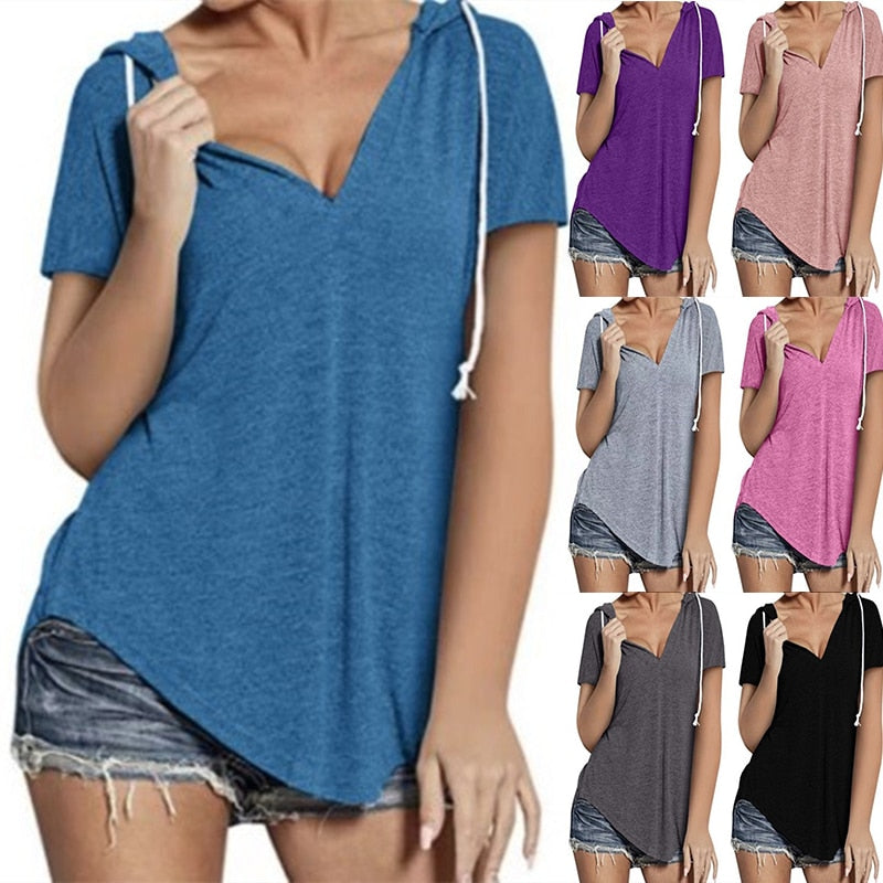 New V-neck Sports Loose Short Sleeve T-shirt Women Solid Color