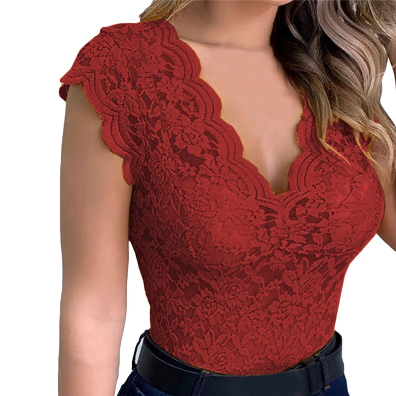 New Women Slim Tunic Lace V Neck T-shirt 2021 Sexy Elegant Summer Short Sleeve T Shirt Lace Flower Plus Size Tops T-shirts