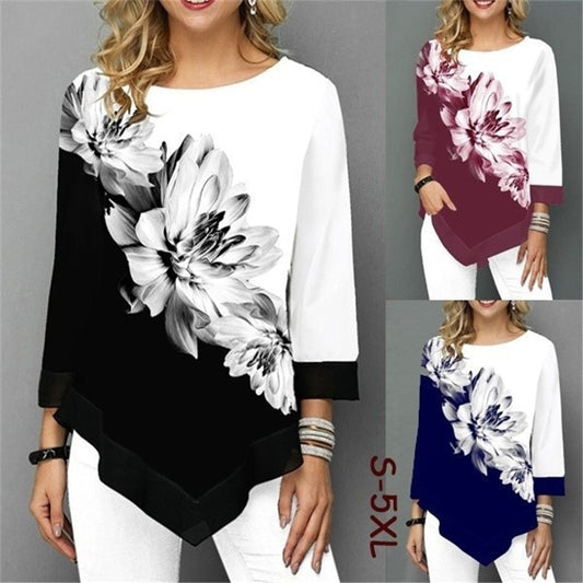 Women T-Shirt Elegant Floral Print Loose Three Quarter