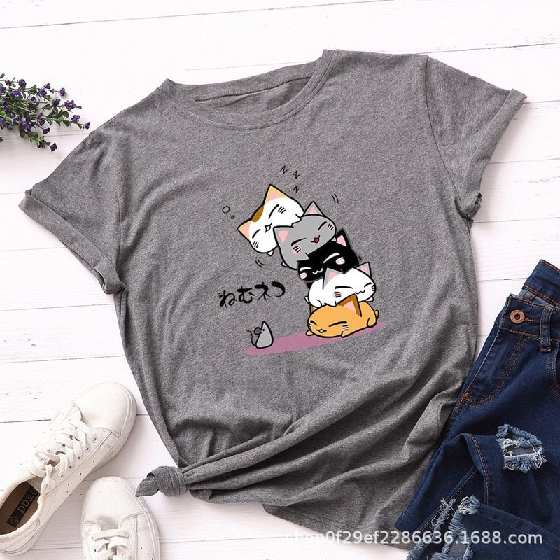 Summer T-Shirt Women Plus Size S-5XL Cotton Graphic Funny Cats Print Female Short Sleeve Simple Tshirts Casual Fashion Tops Tees