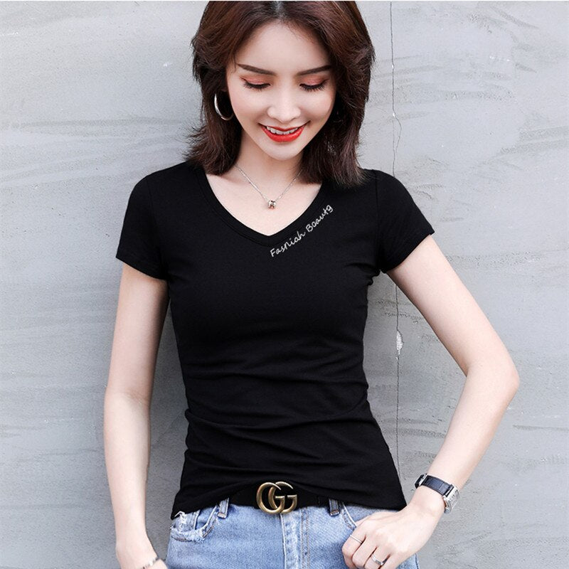 Fashion Summer Top Women V Neck T Shirt Slim Fit Stretch