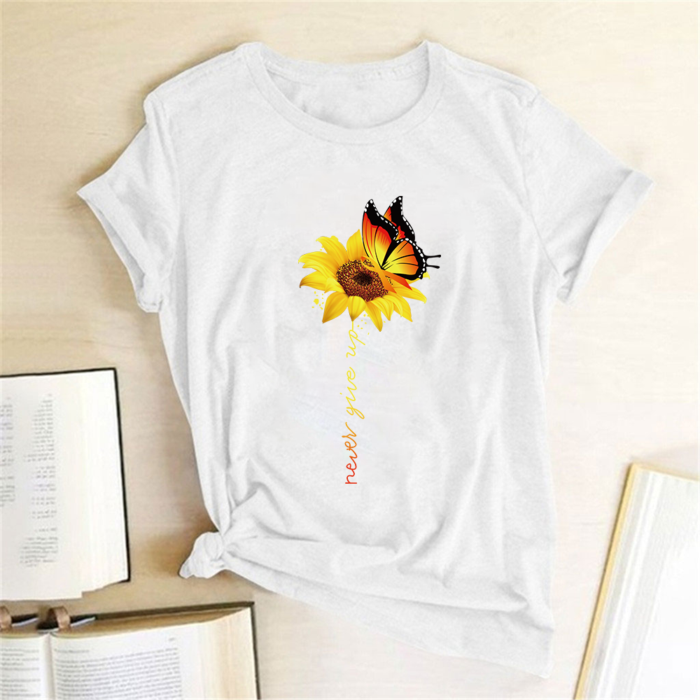 Aesthetic Cotton T Shirt Women Harajuku Graphic Tees Shirt Femme Sun Flower Butterfly White Women's T-shirt Never Give Up Tshirt