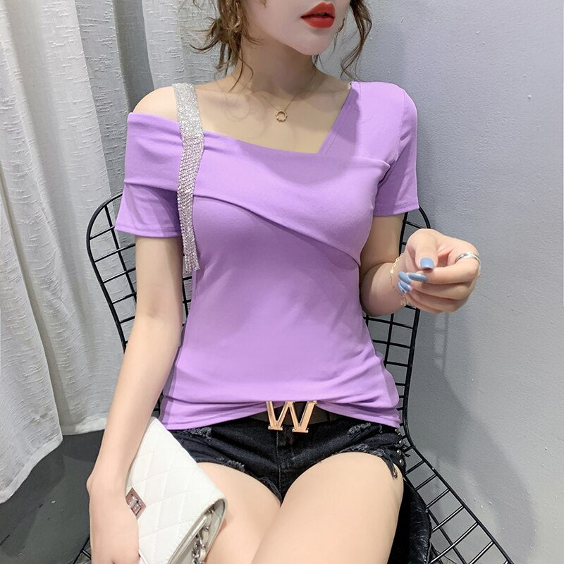 European Clothes Fashion Asymmetrical Hollow Out T-shirt Women 2020 New Summer Back Tops Ropa Mujer Bottoming Shirt Tees T02210