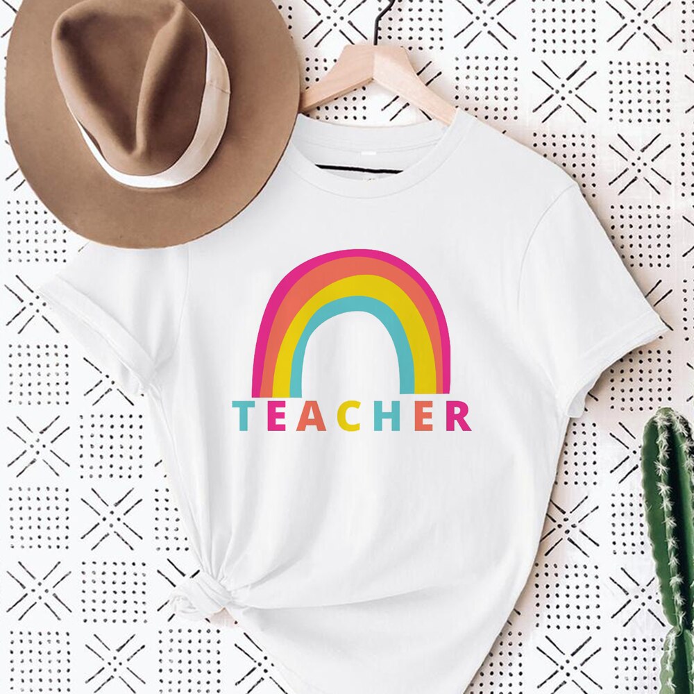 Love Rainbow Print White T-shirt Teacher Life Short Sleeve