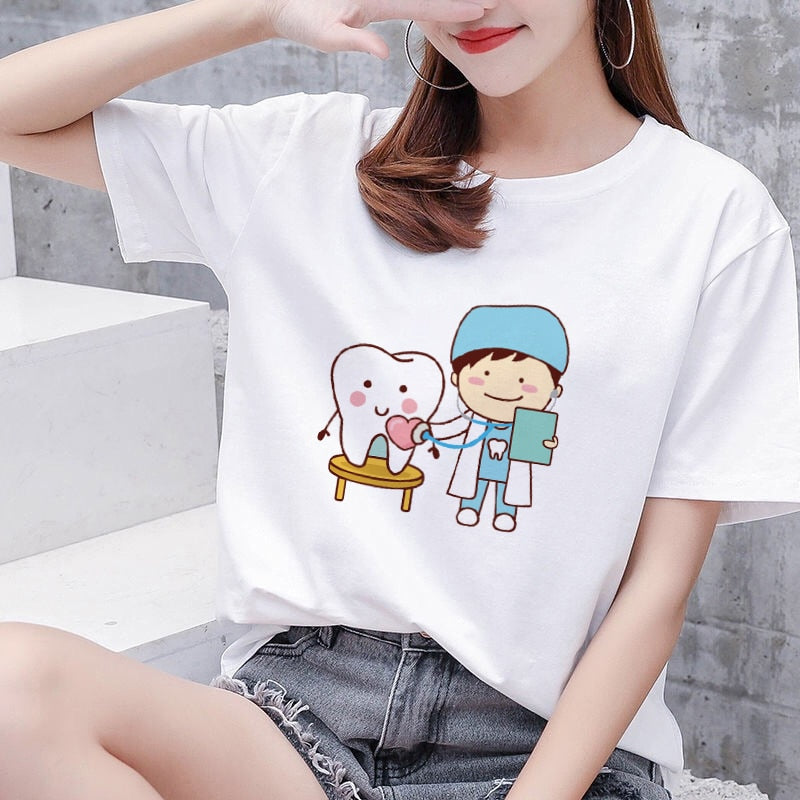 Aesthetic funny tooth dentist women's T-shirt 90s Harajuku Kawaii O-neck T-shirt pattern fashion printing Plus size women shirts