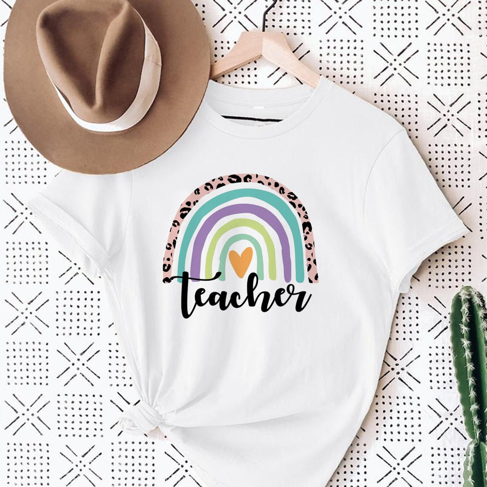 Love Rainbow Print White T-shirt Teacher Life Short Sleeve