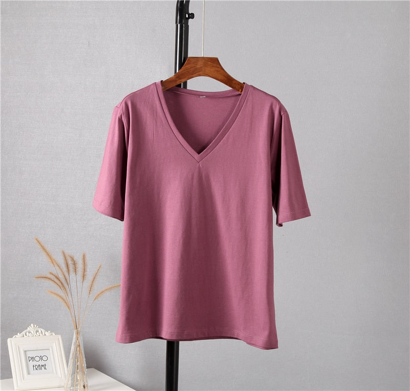 Hirsionsan 100% Cotton Summer T Shirt Women Soft Short Sleeve V Neck Female Tees Basic Kintwear Tops Harajuku Tshirt for Ladies