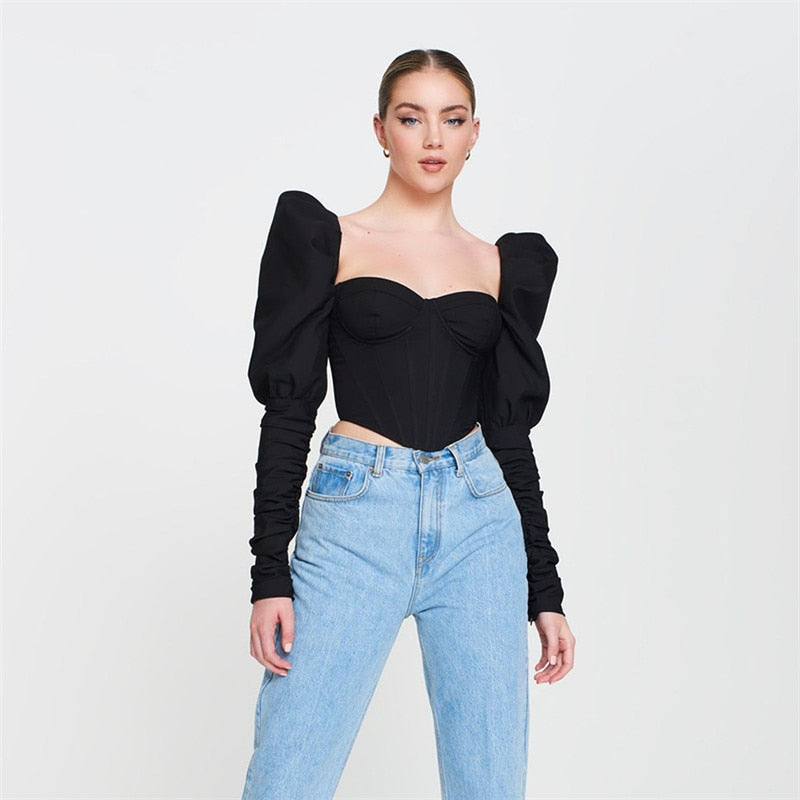 CNYISHE Elegant Solid Puff Sleeve Slim T-Shirt Women Tee Tops Autumn Fashion Sexy Backless Skinny Crop Top Female Shirts Blusas