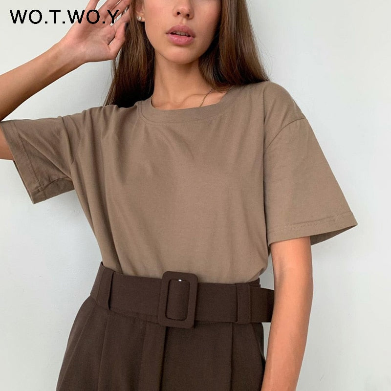 WOTWOY Summer Loose Basic Tee Shirt Women Knitted Cotton Solid T-Shirt Women O-Neck Casual Korean Tops Female Harajuku 2020 New