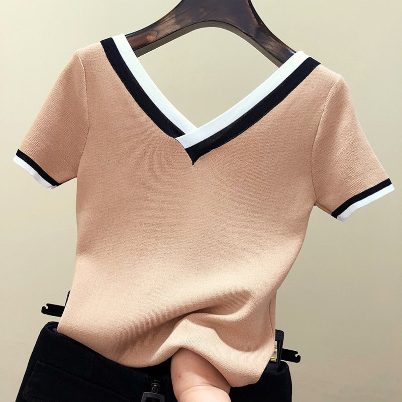 V-Neck T Shirt Women Tshirt Contrast Color Striped Knitted