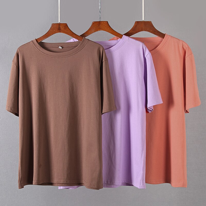 WYWM Summer Women Basic Loose T Shirt Solid Color Oversized Cotton Harajuku Short Sleeve Knitted Tees Korean Casual Female Tops