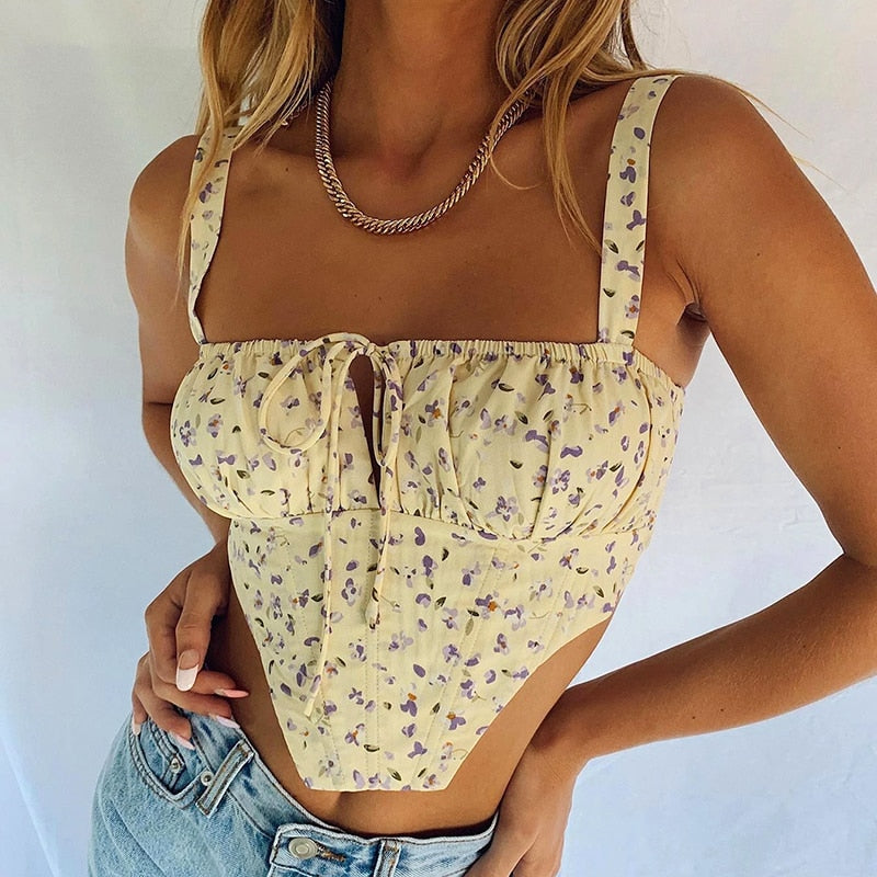 Floral Corset Women Sweet Print Hollow Up Tie Up Sexy Crop Top
