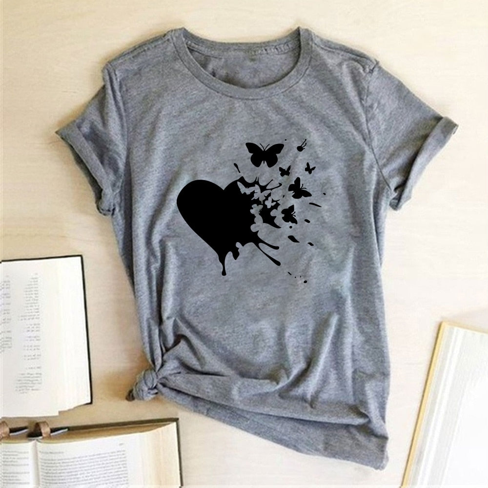 Heart Butterflies Print T-shirts Women Summer Graphic