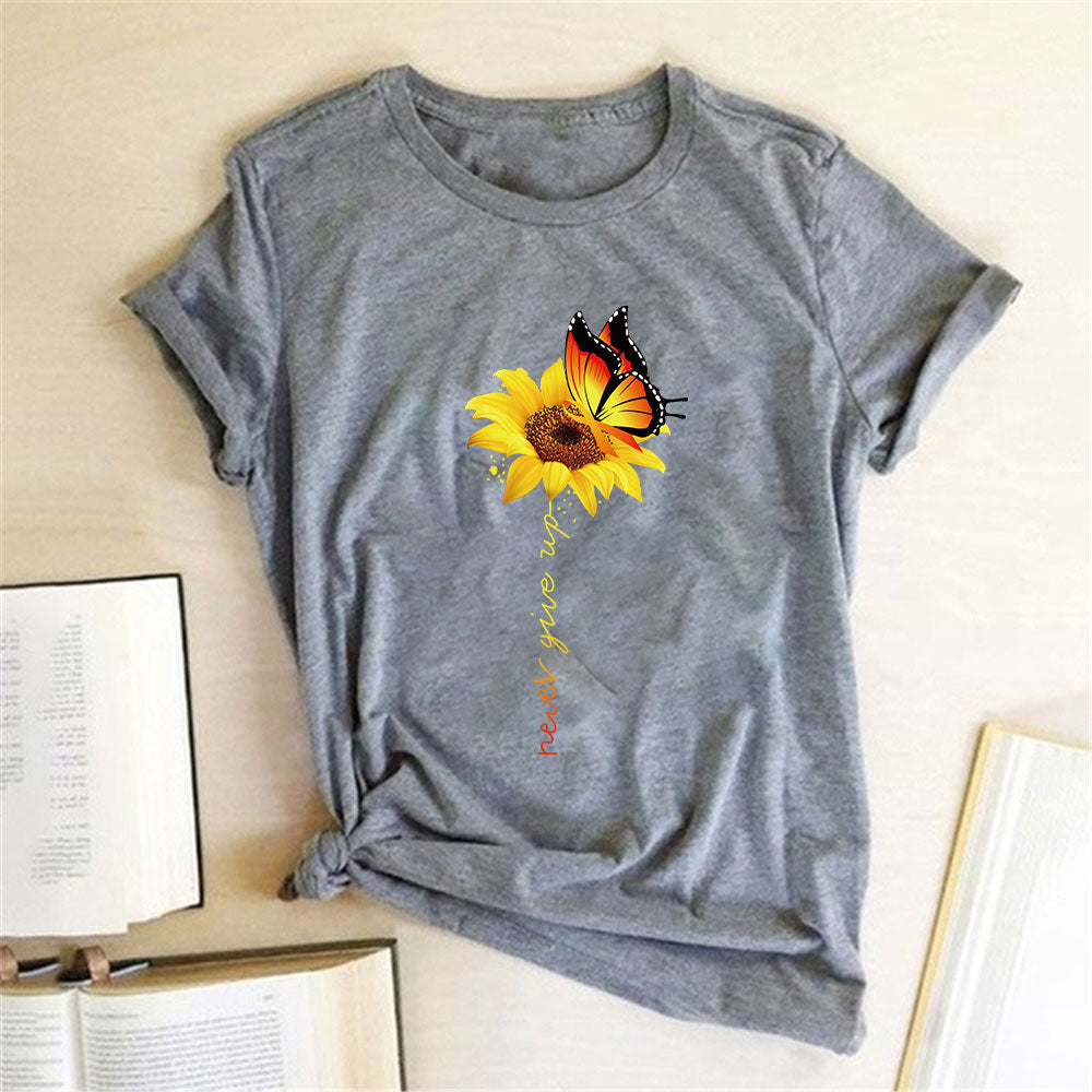 Aesthetic Cotton T Shirt Women Harajuku Graphic Tees Shirt Femme Sun Flower Butterfly White Women's T-shirt Never Give Up Tshirt