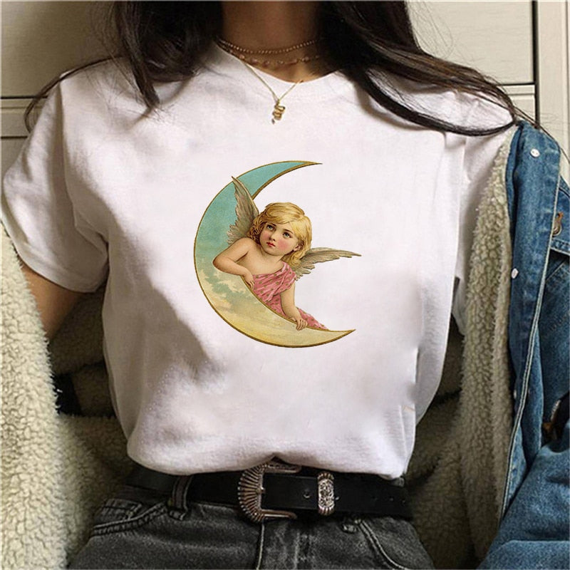 Cupid Angel Print T shirt Women Summer Cartoon Clothes