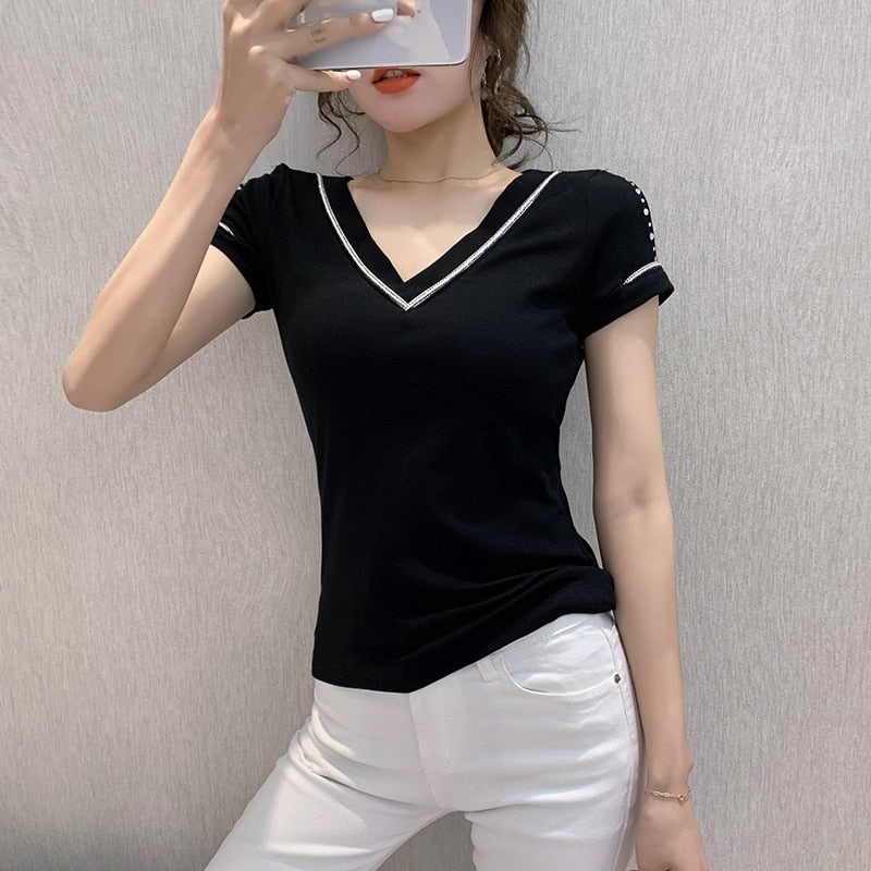 Summer Fashion Korean Clothes T-shirt V-Neck Diamonds