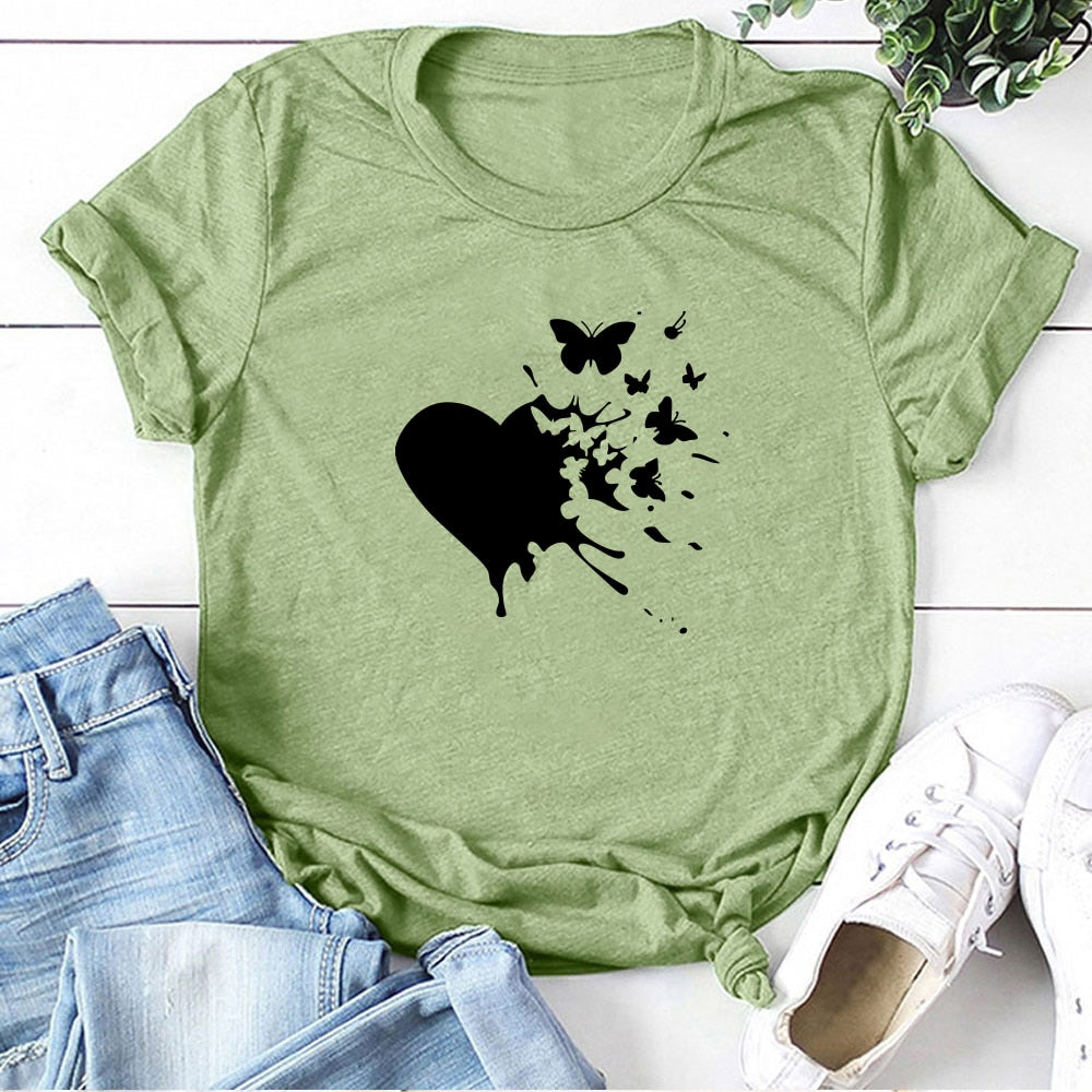 Heart Butterflies Print T-shirts Women Summer Graphic