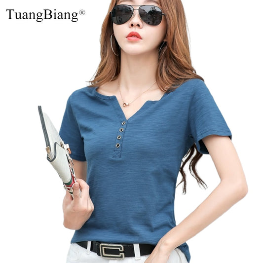 Short sleeve Summer Women Slub Cotton T-shirts Female Button Loose