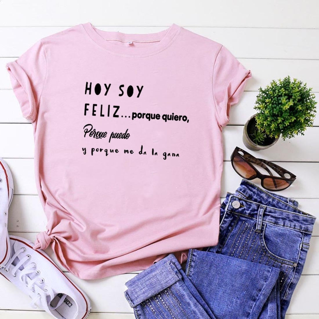 Hoy Soy Feliz Funny T Shirts Women Short Sleeve O-neck Cotton Harajuku Tee Shirt Femme Casual Tshirt Women Loose Camiseta Mujer