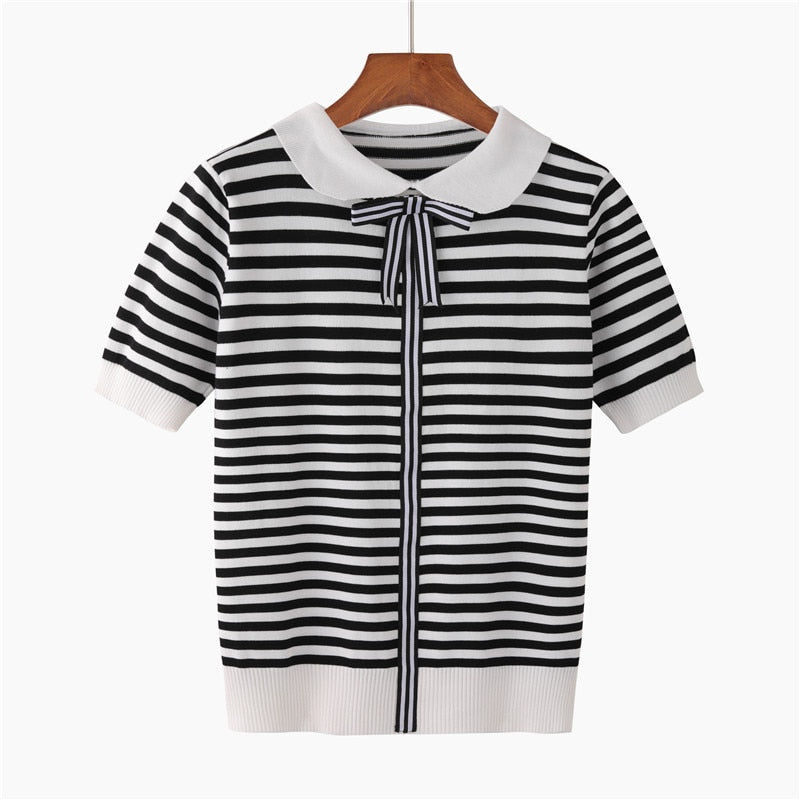 New Women Knitted Summer Stripe T Shirt