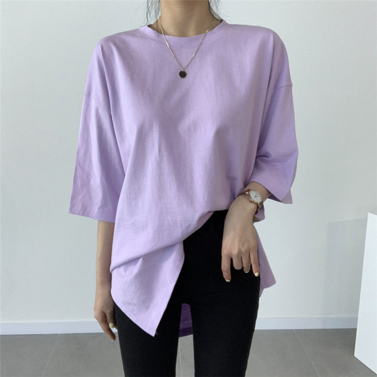 Colorfaith New 2021 Women Spring Summer T-shirts Solid Multi Colors Loose Bottoming Half Sleeve Minimalist Split Midi Tops T1165