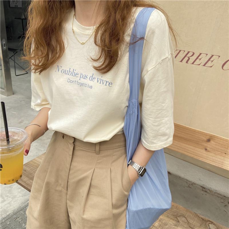 Letter Printed Thin Short Sleeve Cotton O-neck Fashion Vintage Sweet Fresh College Wind Basic 2021 Summer Women T-shirts