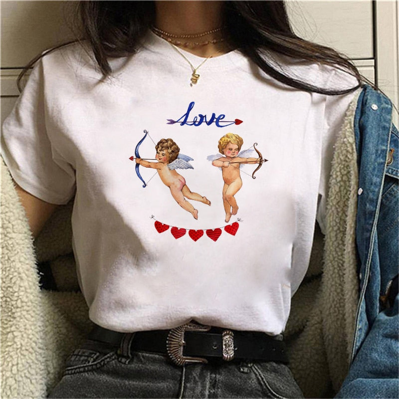 Cupid Angel Print T shirt Women Summer Cartoon Clothes