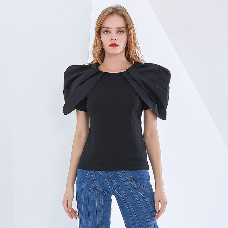 TWOTWINSTYLE Black Chic T Shirt For Women O Neck Puff Short Sleeve Slim Ruched Casual T Shirts Female Fashion New Style Summer