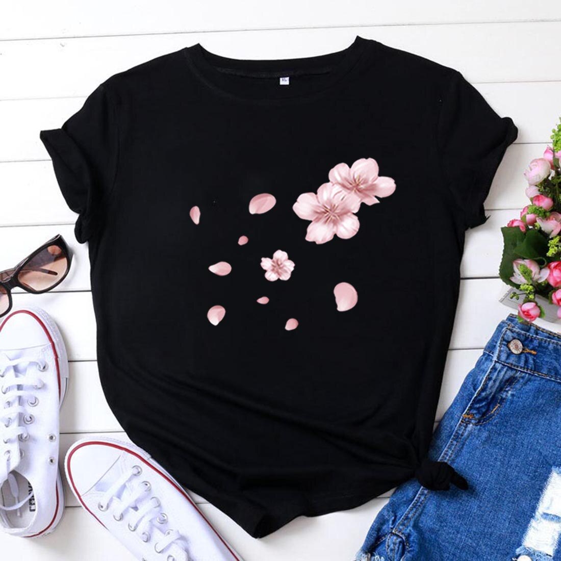 Fashion Cherry Blossom T Shirt Women Short Sleeve Tshirts Cotton Women O-neck Loose Tee Shirt Femme Black Camisetas Mujer