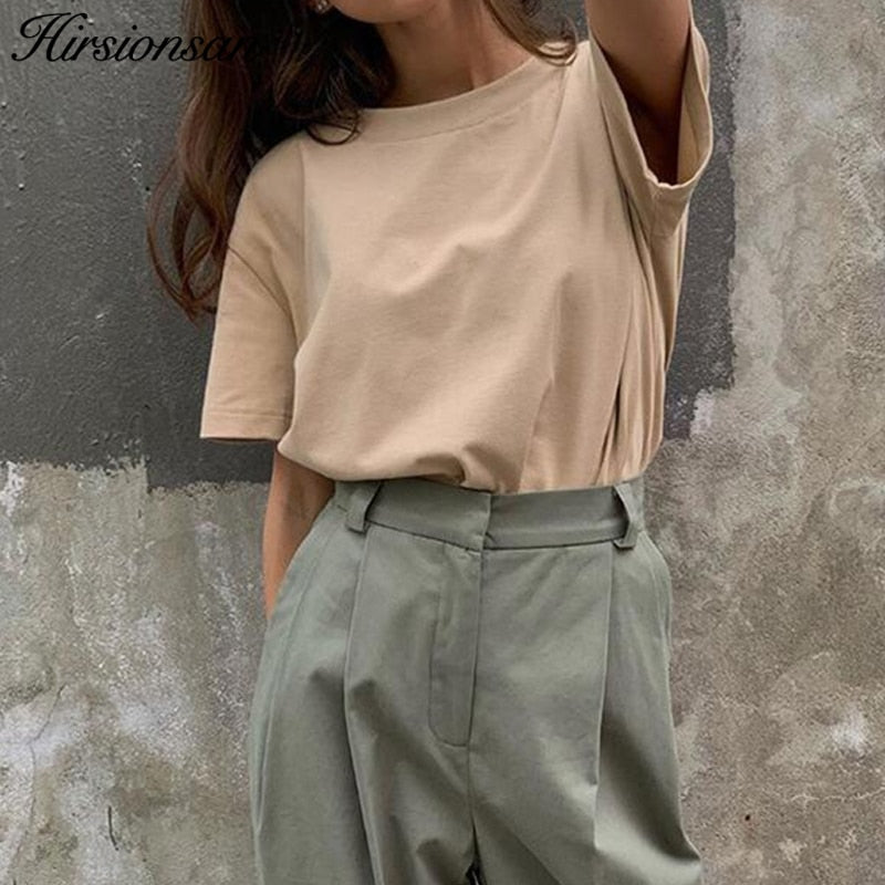 Hirsionsan 100% Cotton T Shirt Women Summer New Oversized Solid Basic Tees 9 Color Casual Loose Tshirt Korean O Neck Khaki Tops