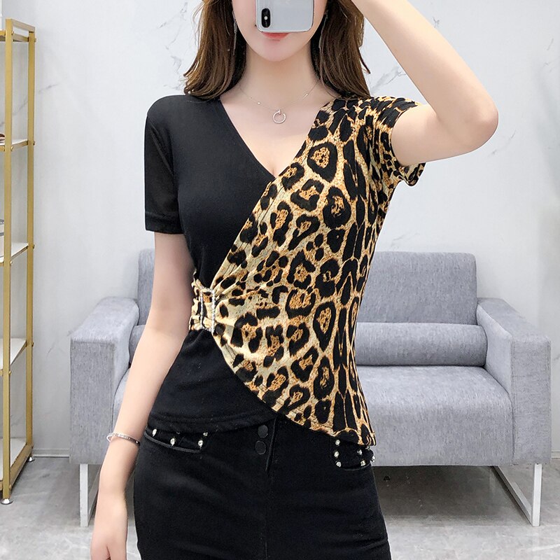 European Clothes T-shirt Fashion Sexy V-Neck Patchwork