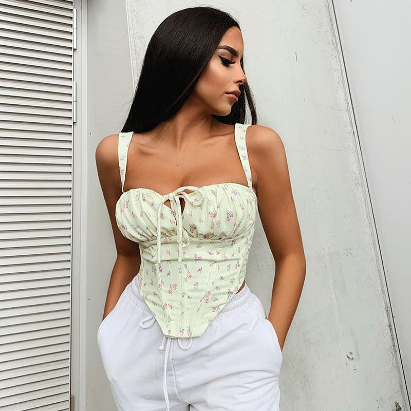 Floral Corset Women Sweet Print Hollow Up Tie Up Sexy Crop Top