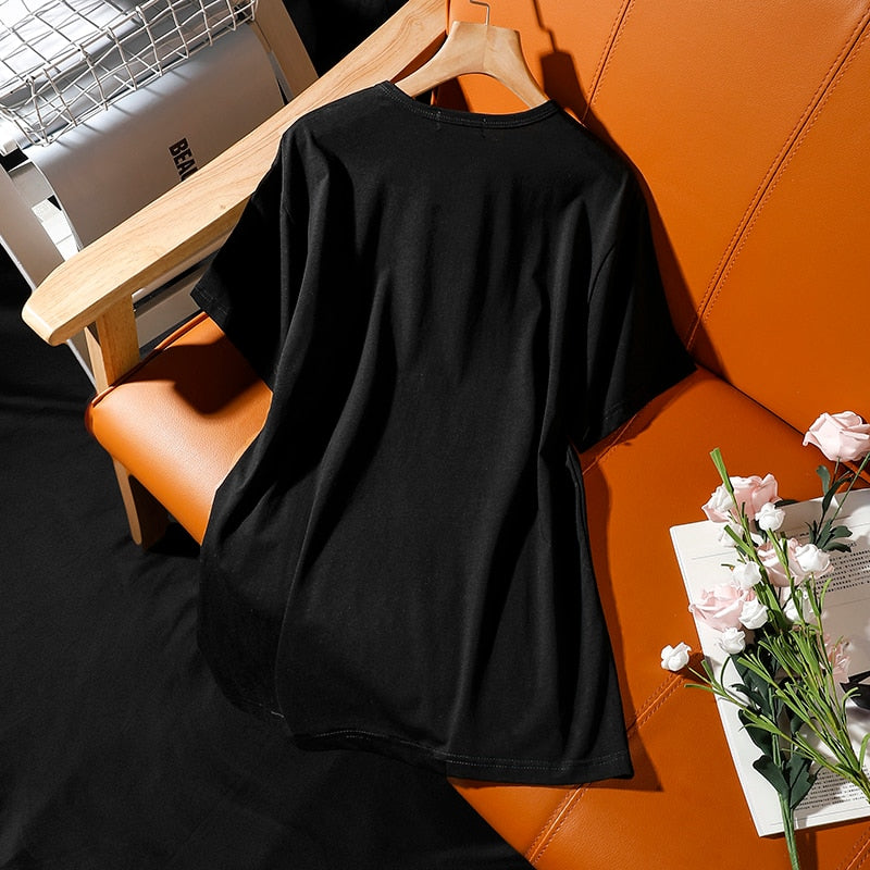 Summer Street leisure short sleeve T-shirt female 2021 new crown hot diamonds loose large size 5XL black hot drill women tops