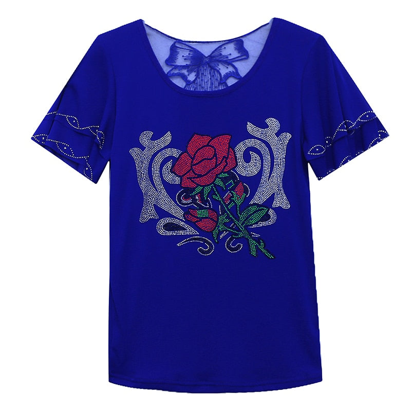 Korean Clothes T-shirt Fashion Diamonds Rose Women Tops