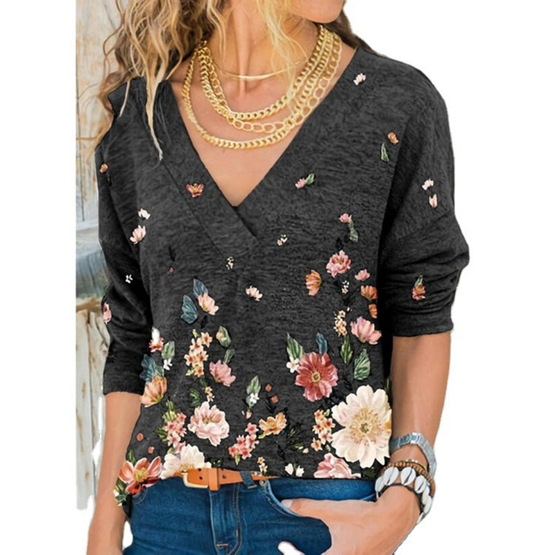 Snake YX Women's Clothing Autumn and Winter New Fashion Women's V-neck Flower Print Long-sleeved Casual Loose T-shirt Plus Size