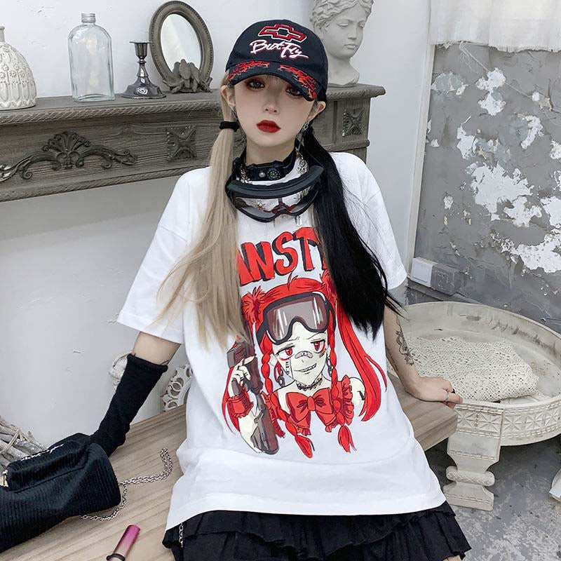 NiceMix vintage anime cartoon t shirt women clothes gothic tshirt streetwear print loose tops Korean summer black t-shirt