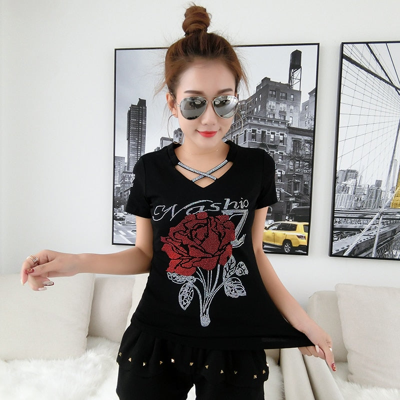 Summer Fashion Korean Clothes T-shirt Sexy Hollow Out Diamonds