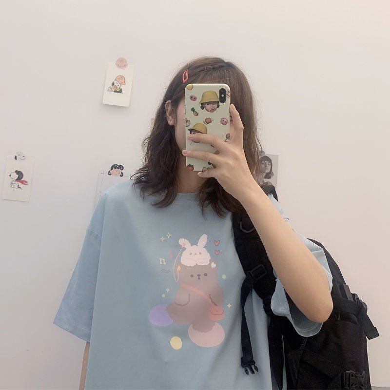 QWEEK Kawaii Women Tshirt Fashion 2021 Graphic T Shirts Short Sleeve Cute Tops Casual Loose O-neck White Print Women Tshirt