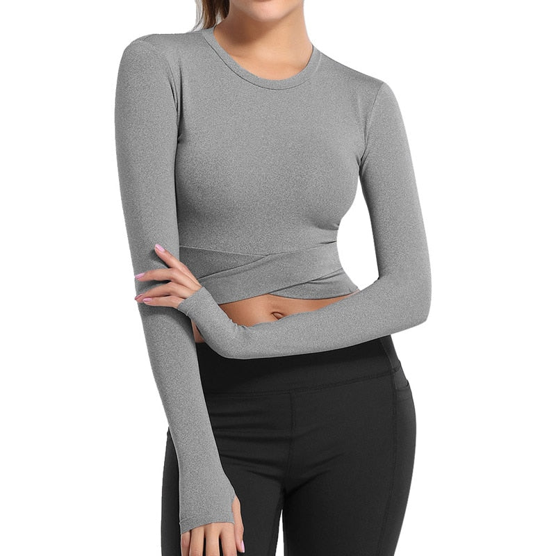 Women Long Sleeve Running Shirts Sexy Exposed Navel Yoga T-shirts