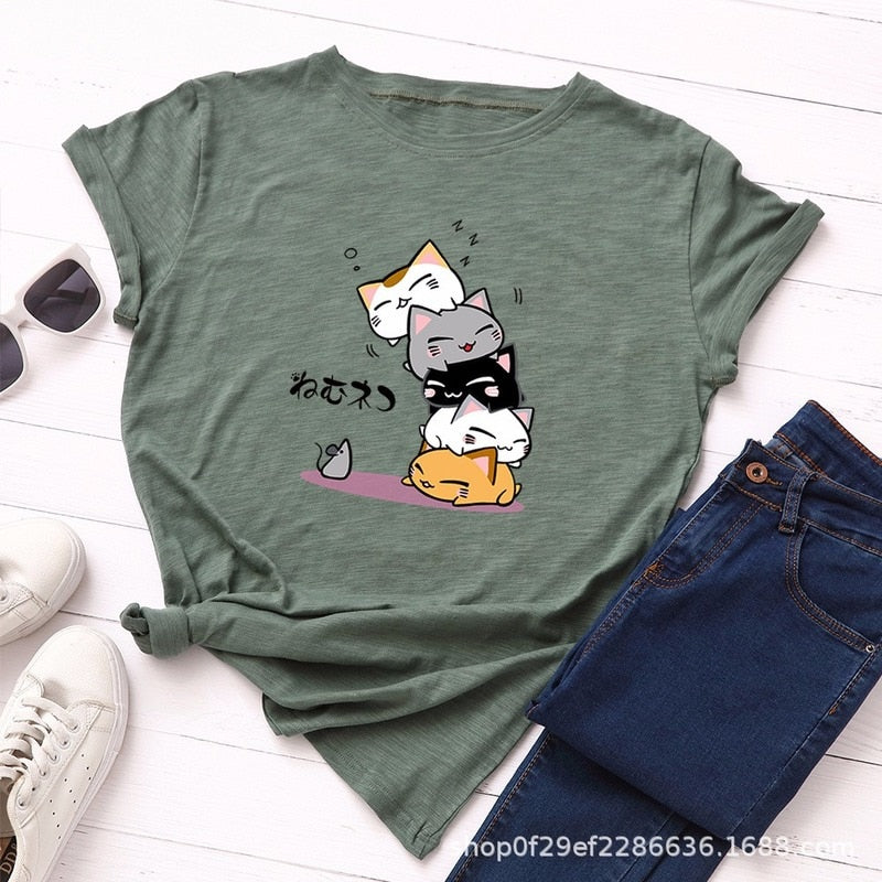 Summer T-Shirt Women Plus Size S-5XL Cotton Graphic Funny Cats Print Female Short Sleeve Simple Tshirts Casual Fashion Tops Tees