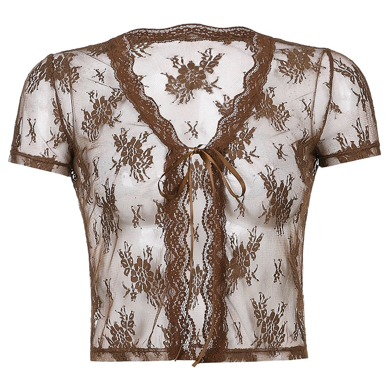 Brown Mesh Transparent Tshirt Women Lace Up Cardigan Tops