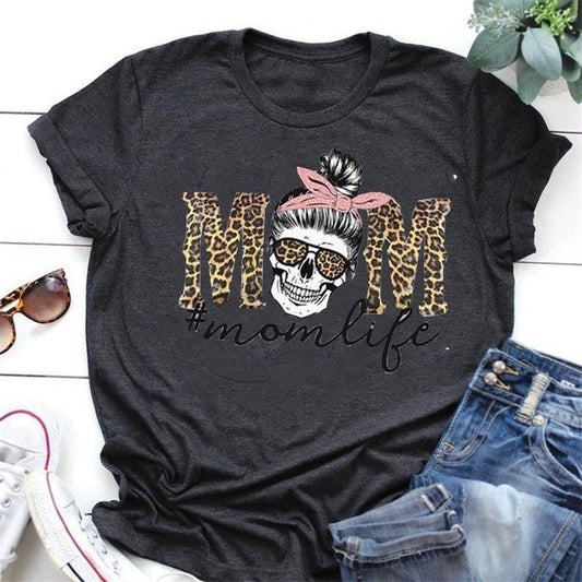 Leopard Skull Head Mom Life Print Women Short Sleeve O Neck